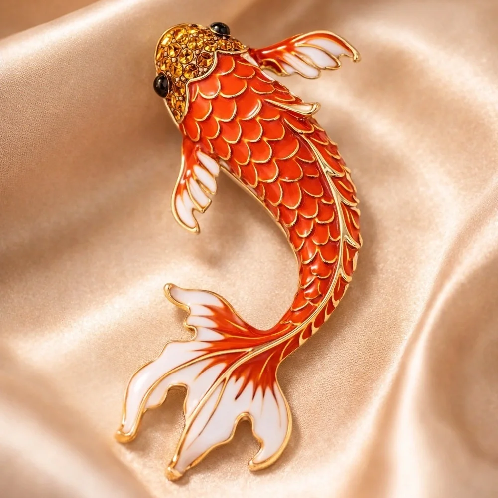 Koi Fish Orange Gold Enamel Brooch – Symbol of Luck & Prosperity
